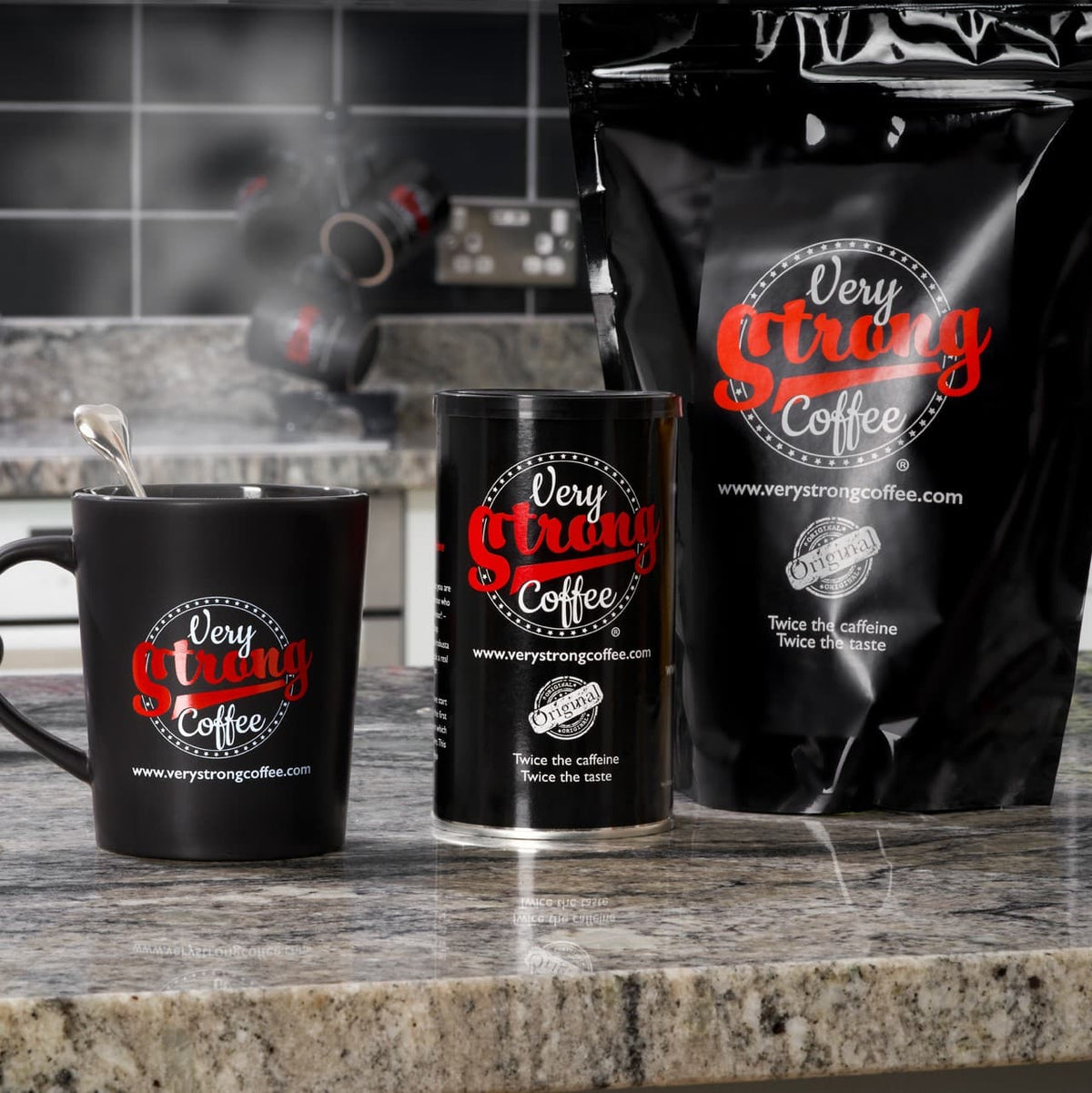 very strong coffee 500g bag with a cup of coffee steaming hot