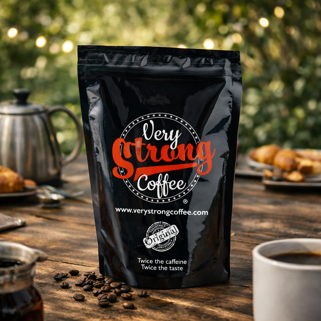 Black 'Very Strong Coffee' package on a wooden table with coffee beans and a cup in the background.