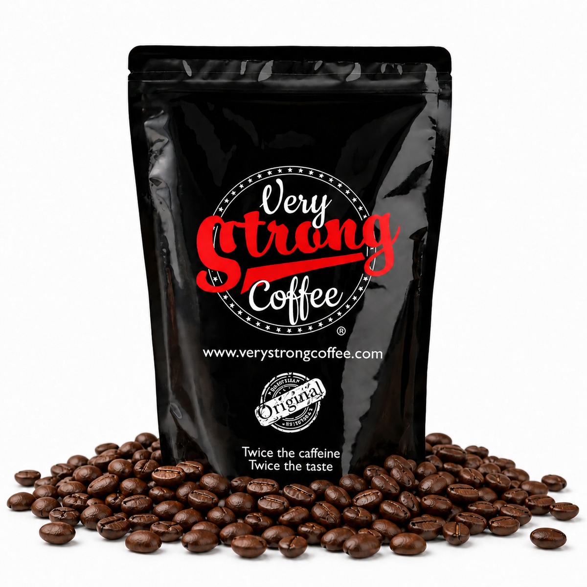 A black stand-up coffee pouch with the brand name 'Very Strong Coffee' printed in red and white, surrounded by scattered roasted coffee beans on a white background.