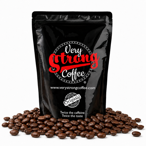 A black stand-up coffee pouch with the brand name 'Very Strong Coffee' printed in red and white, surrounded by scattered roasted coffee beans on a white background.
