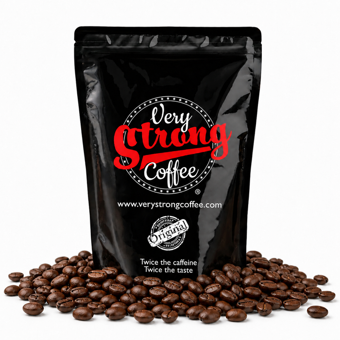 A black stand-up coffee pouch with the brand name 'Very Strong Coffee' printed in red and white, surrounded by scattered roasted coffee beans on a white background.